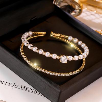 China Adjustable Crystal Zircon Bracelet Pearl Bracelet SWABR61 ALLOY Multilayer Opening Bracelet for sale