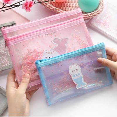 China School Girl Heart Mesh Small Creative Transparent Cute Pen Bag Quicksand Cartoon Gauze Fresh Net Red With The Same Paragraph A5 Sequins for sale