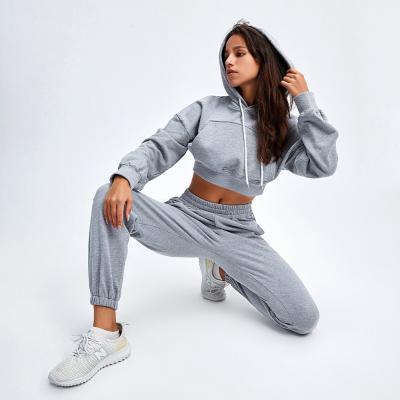 China OEM Cotton Fashion Breathable Custom Sweatsuit Simply Cropped Hoodies Jogger Women Tracksuit for sale