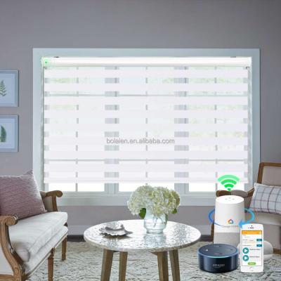 China Translucent Fabric Zigbee Wifi Alexa Zebra Roller Window Blinds Motorized Control UV Protection White Color for sale