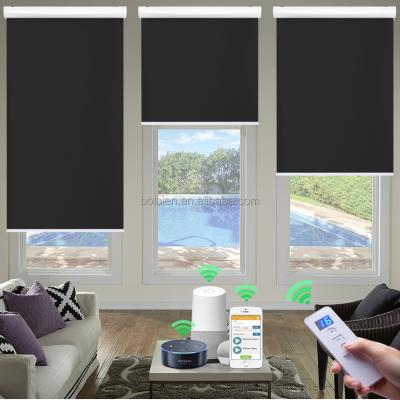 China Automatic Electric Wifi UV Protection Motorized Smart Shades Roller Blinds Rechargeable Black Color Blackout Window Roller Blind Shade for sale