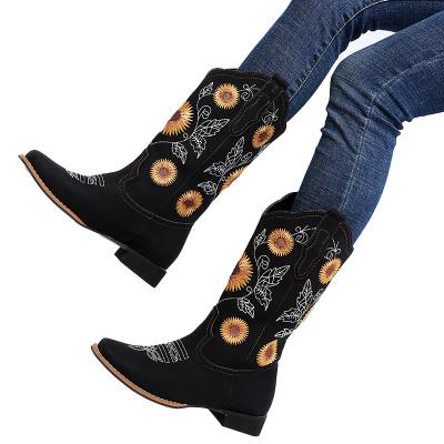 China Waterproof Foreign trade new sunflower embroidered leather western cowboy boots ladies girls high boots shoes for sale