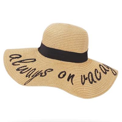 China Large Embroidery Brim Women Alphabet Embroidered Paper Straw Floppy Sun Protection Hat For Summer Beach for sale