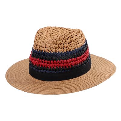 China High Quality Striped Large Brim Porcelain Summer Beach Straw Classic Flat Casual Panama Hats for sale