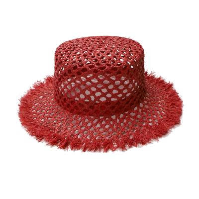 China Raffia Straw Wholesale Beach Sun Flat Brim Foldable Raffia Dome Straw Hat Women Wide Cavity for sale