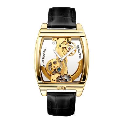 China Skeleton Mechanical Luxury Men Wristwatch Square Case Leather Band Automatic Self-Winding Movement Watches for sale