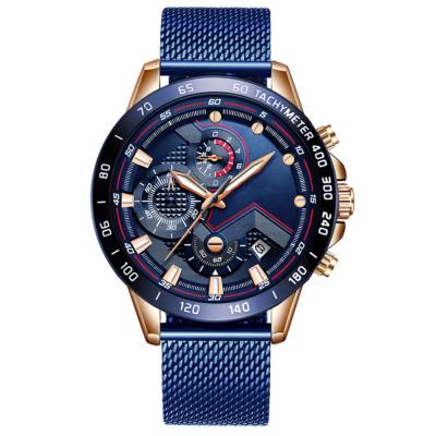 China Blue Stainless Steel Man Mesh Band Chronograph Luxury Watch Date reloj de moda de hombres OEM Automatic Watch for sale