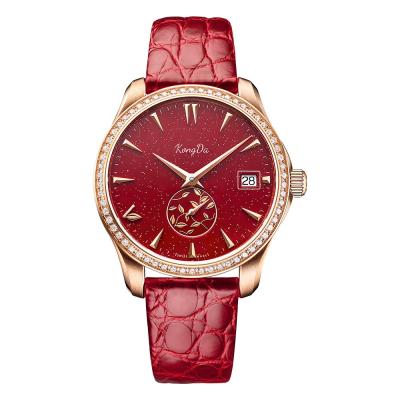 China Luxury Custom Made Crystal Bezel Face Date Woman Watch Latest Ladies Watch Automatic Quartz Red Shiny Red Leather Movement Band for sale