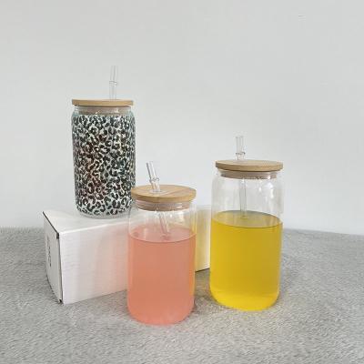 China Viable Blank Hot Sale 12oz 16oz DIY Soda Recyclable Beer Glass With Bamboo Lid For Heat Press Printing for sale