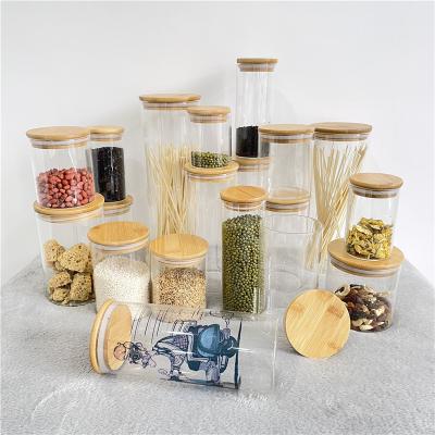 China Kitchen Art Decor BPA Free Bamboo Storage Food Glass Jar with Wooden Top for Dye Sublimation Heat Press for Noodle Flour Cereal Coffee for sale