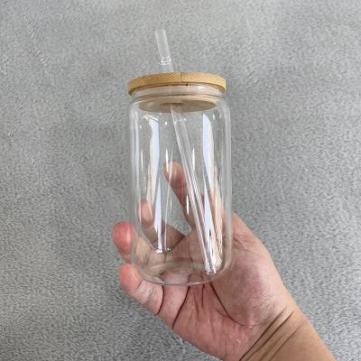 China 12oz 16oz DIY Sublimation Soda Beer Glass Can Unbreakable Clear Viable Empty For With Lid And Bamboo Straw for sale