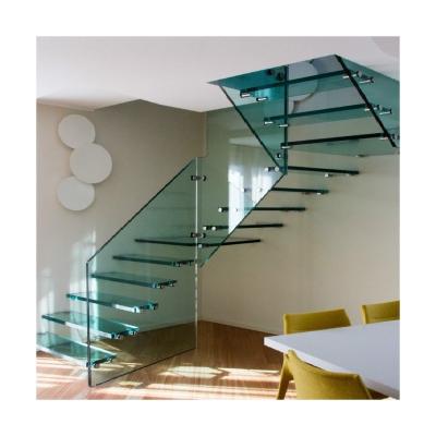 China Modern Modern Straight Staircase Interior Glass Floating Staircase With Wood Tread for sale