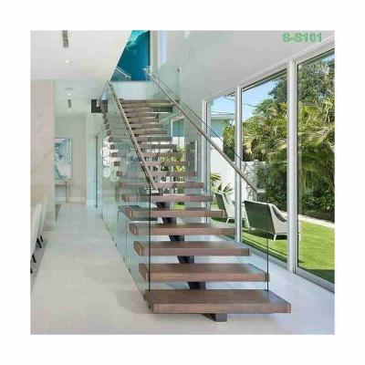 China Modern Style Indoor and Outdoor Straight Staircase of Modern Straight Wooden Steel Glass Staircase for sale