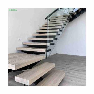 China Modern Mono Steel Wooden Stringer Staircase Indoor And Outdoor Solid Wood Straight Staircase for sale