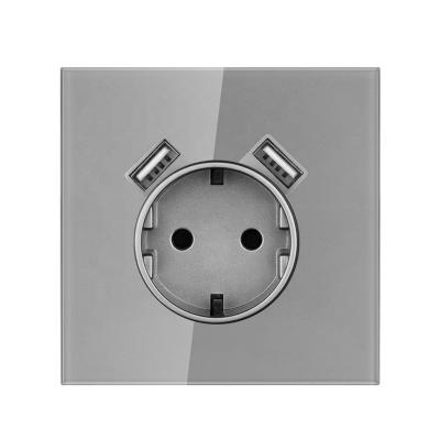 China With 1.4mm Iron Plate / With Bracket Germany Wall Socket With 2 USB Ports Luxury Full Mirror Tempered Glass Panel Plugs Sockets AC220~250V, Power Outlet from wall 16A for sale