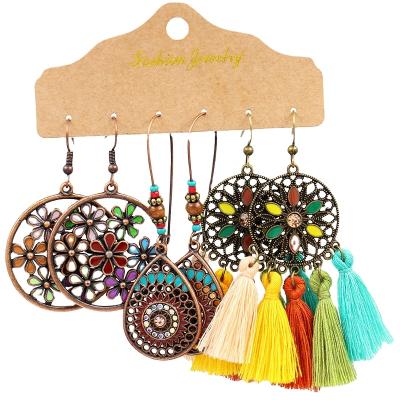 China CLASSIC CLASSIC Geometric Wooden Tassel Dangle Earrings Flower Gemstone Circle Floral Leaves Dangle Earrings Set for sale