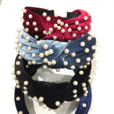 China Pretty Lady Fashional Lovely Lady Fashional Designer Headbands Winter Women Velvet Headband with Beads Twisted Tied Hair Band for Girls Accessories for sale