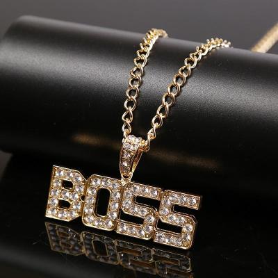 China Vintage Hip Hop Jewelry Iced Out Stainless Steel Mens Gold Plated Boss English Letter Pendant Necklaces for sale