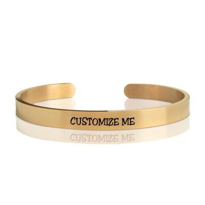 China CLASSIC Customized Jewelry 6mm Logo Laser 18K Gold Plated Open Bangle Bracelets Stainless Steel Bracelets for sale