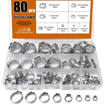 China XHOKLAMP 80pcs 304 Stainless Steel 5.8-23.5mm Ear Stepless Hose Clamps Assortment Kit Single Strap Clamp Rings for sale