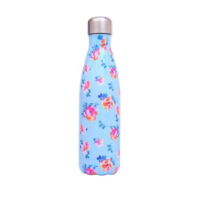 China Viable Flower Design 500ml Blue Cola Bottle Water Bottle Outdoor Stainless Steel Vacuum Insulate Reusable for sale