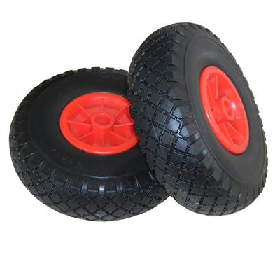 China 10 Inch Flat Free 3.00-4 3.50-4 PU Polyurethane Foam Puncture Proof Tire Flat Freewheel For Hand Truck Trolley Spreader Lawn Mower for sale