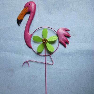 China Hot Sale Garden Decoration Metal Ornament Flamingo Wrought Iron Garden Stake with Plastic Windmill for sale