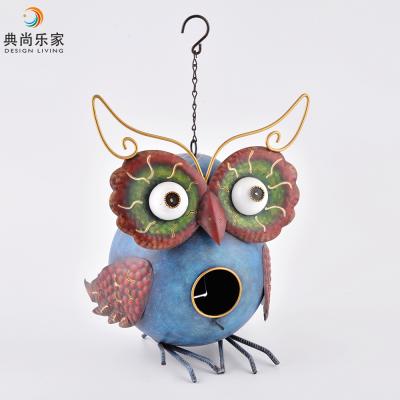 China Sustainable Decorative Antique Owl Animal Shaped Hanging Metal Bird House For Garden Decoration for sale