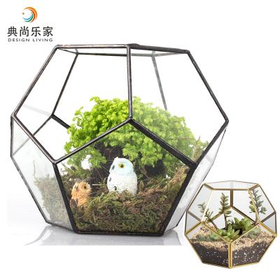 China Geometric Glass Pot Tabletop Black Europe Pentagon Mini Greenhouse Globe Container for sale