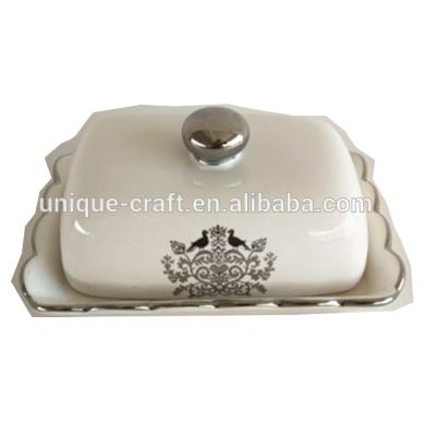 China Sleek White Ceramic European Butter Dish Sustainable With Silver Trim for sale