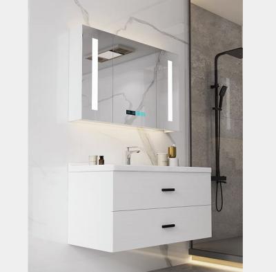 China Modern Hot Sale Bathroom Cabinet With Mirror White Wall Mounted Bathroom Vanity White PVC Glass Basin for sale