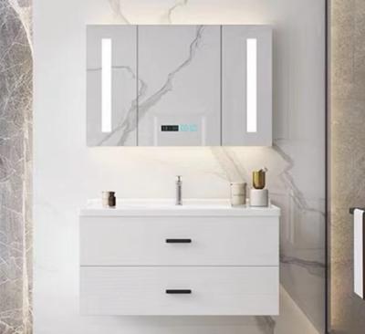 China 120cm Width Wall Mounted Stock Modern High Glossy White Bathroom Vanity Wall Mounted Glass Basin With Mirror for sale