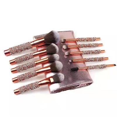 China Amazon Hot Selling Flat Brush Rose Gold Glitter Handle 10pcs Crystal Diamond Bling Beauty Makeup Face Brush Set for sale