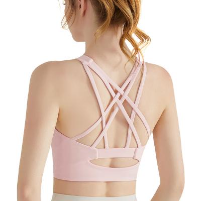 China 2023 Best Selling Breathable Yoga Cross Fitness Vest Gym Back Bare Sports Bra Top Selling Fitness Women With Chest Pad for sale