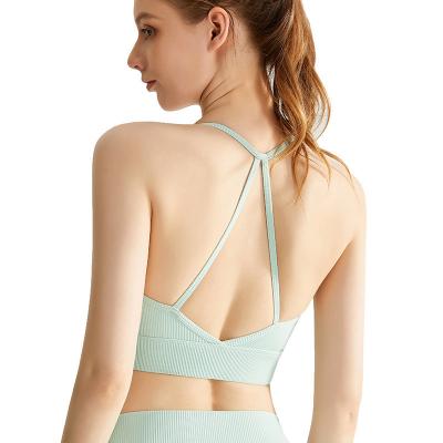 China Direct Selling Breathable Threaded Sexy Chest Fixed Pad Strap Halter Neck One-Piece Thin Sports Bra for sale