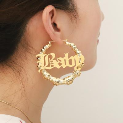 China CLASSIC custom made bamboo hoop earrings Hiphop 30mm-100mm customize name earring style personality bamboo earrings with statement words for sale