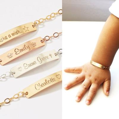 China Popular Fashion Stainless Steel Baby Name Bracelets For Boy Girls Custom Name Laser Engraving Bar Bracelet For Baby Birthday Gift for sale