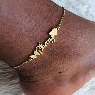 China Custom Vintage Fashion Women Butterfly Heart Name Anklets Personalized Gold Silver Anklet Leg Foot Chains Stainless Steel Jewelry Gift for sale