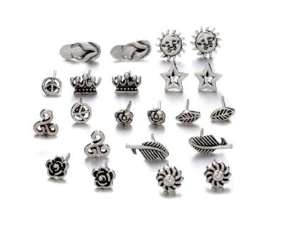 China Casual/Sporty Vintage Geometric Multiple Earrings Postset With 11pairs Alloy Sun Flower Leaf Shape Stud Earring Set for sale