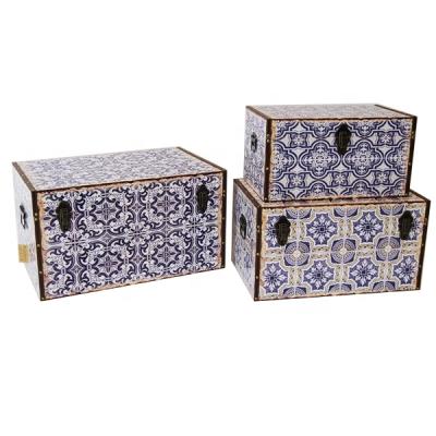 China Viable Home Decor Ornament Blue And White Rectangle Design Porcelain Base PU Wood Print Set Of Storage 3 Trunk for sale