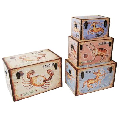 China 2020 Home Decoration Zodiac Products Design Rectangle Sustainable Hot Selling PVC Base Wooden Print Set Of Storage 3 Trunk for sale