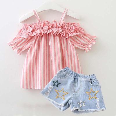 China Short sleeves stripes star jeans pants cotton 2pcs t-shirt and baby set girls kids clothes for sale