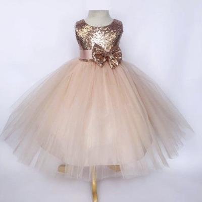 China Recial Rose Gold Sequin Tulle Bridesmaid Anti-Static Birthday Wedding Pagent Flower Girl Blush Toddler Sleeveless Bow for sale