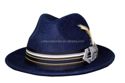 China 100% Wool Mens Navy Color 100% Wool Felt Felted Hat Hats With Stripe Trimband And Feather Decoration for sale