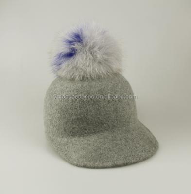 China Picture ladies mix 100% felt hats, felt hat gray color wool hats with big real fur pom poms for sale