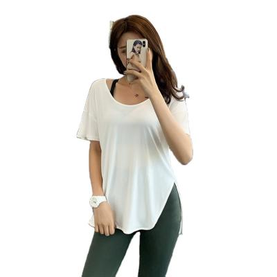 China 2023 Sports Logo Women Gym Wear Thin Breathable Clothing Tops High Elastic Fitne Exercising Yoga Breathable Custom Loose Short Sleeve for sale