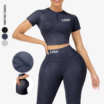 China Dropshipping Antibacterial Crop Top Sleeve Hip Enhancer Shorts Workout Sets For Women Fitness Two Piece Set for sale