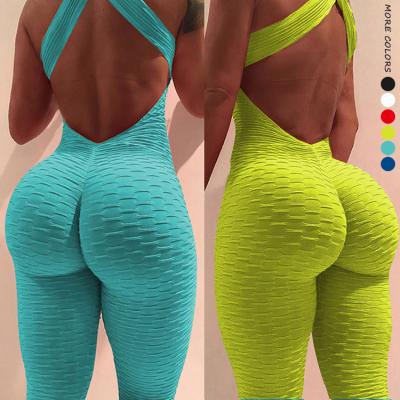 China New Solid Color Jacquard Antibacterial Backless Workout Overalls High Waist Fitness Gaiters Butt Lift Yoga Pants for sale