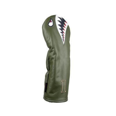 China Protect New Style Golf Clubs Custom Shark Embroidery Green PU Golf Club 460cc Leather Driver Head Cover for sale