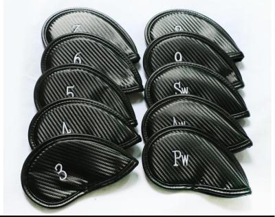 China Custom Black Fiber Carbon Fiber PU Fashion Golf Iron Head Cover Leather Iron Head Cover for sale